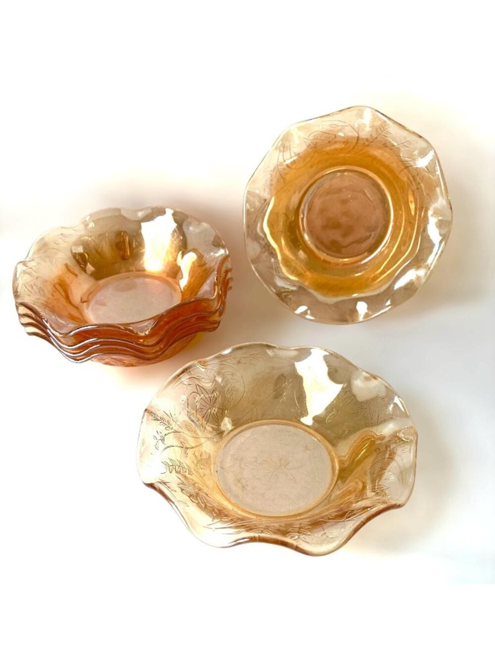 6 Floralgold Ruffled Fruit Berry Bowls Louisa Marigold Jeannette 1950's